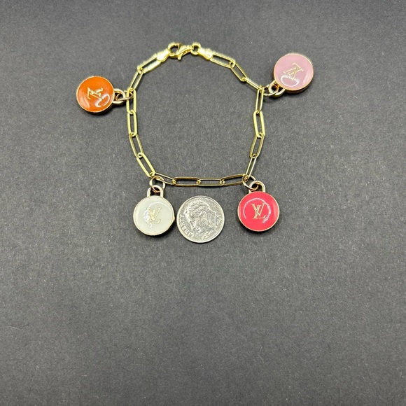 Upcycled  bracelet with 4 LV zipper pull charms on 925 sterling silver bracelet - Picture 4 of 5